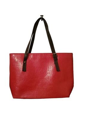 Pink Embossed Large Tote Bag With Faux Leather Brown Straps Gold Hardware